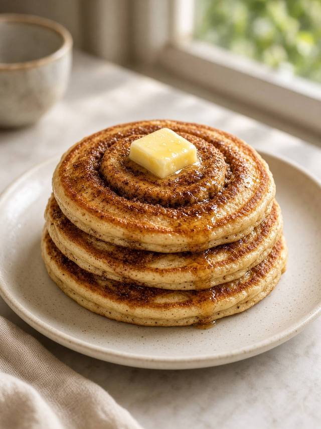 A stack of golden pancakes with dark cinnamon ribbons and a pat of butter on top.