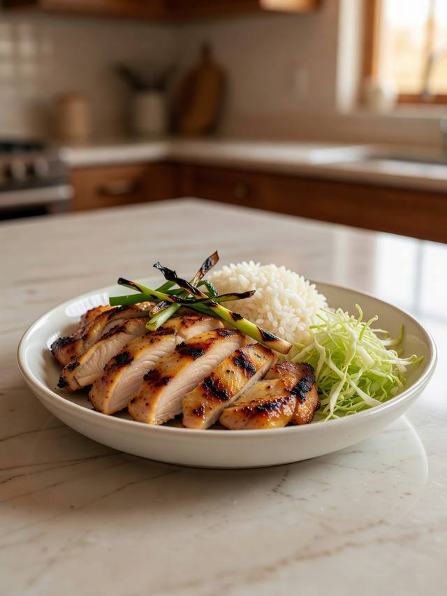Sliced grilled chicken thighs with charred scallions, white rice, and shredded cabbage
