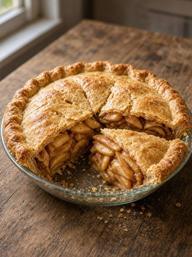 Apple pie with a golden double crust and a slice pulled out
