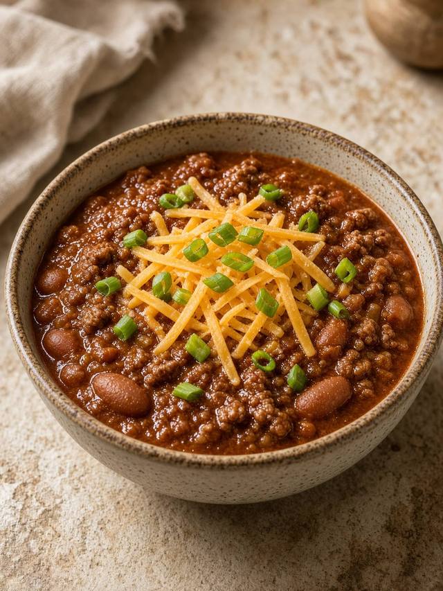 A bowl of beef chili with beans, shredded cheddar, and green onion.