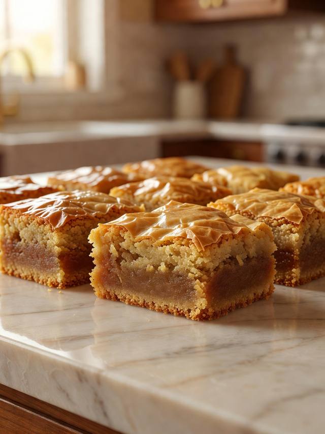 Square blondies with a shiny crinkled top and a dense golden-brown crumb