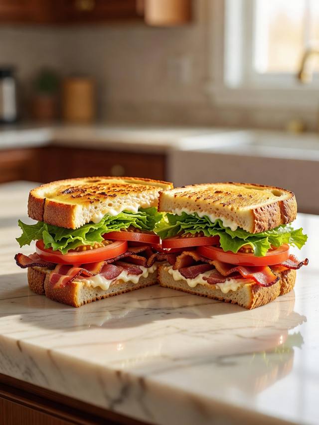 Toasted BLT sandwich cut in half showing bacon, lettuce, tomato, and mayonnaise