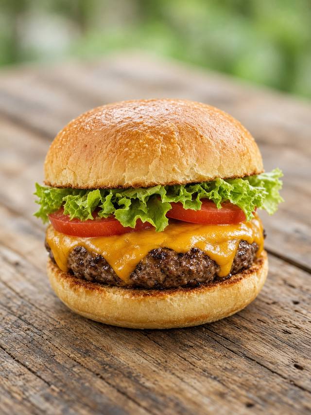 Cheeseburger on a toasted bun with lettuce, tomato, and melted cheddar