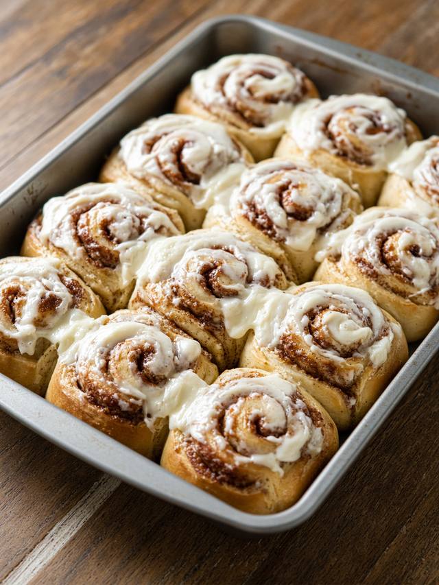 Pan of frosted cinnamon rolls with a visible cinnamon swirl