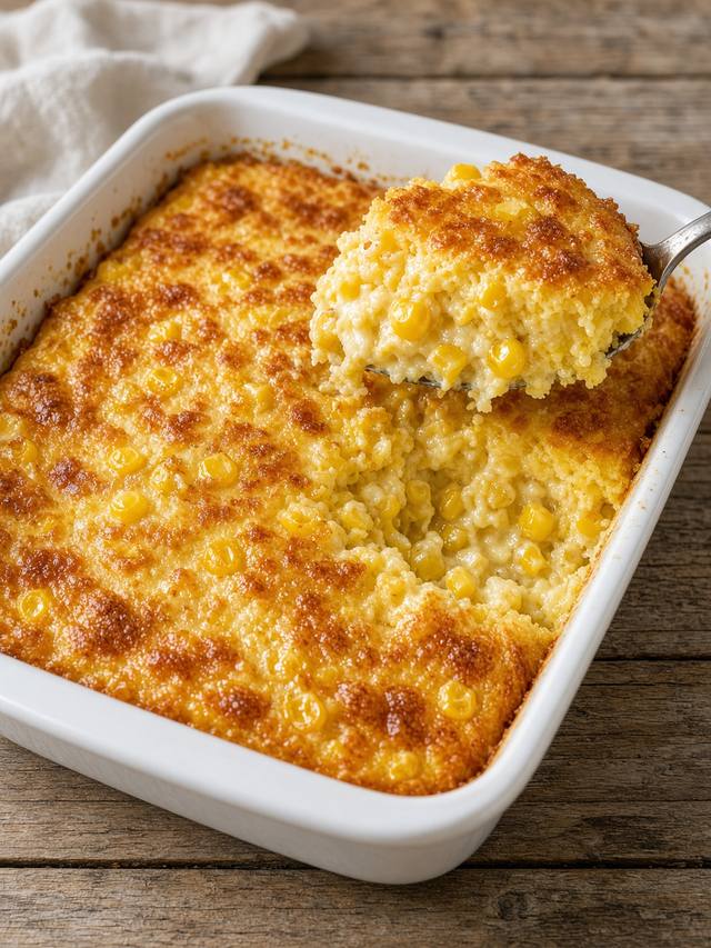 Golden corn casserole in a baking dish with a spoonful lifted out