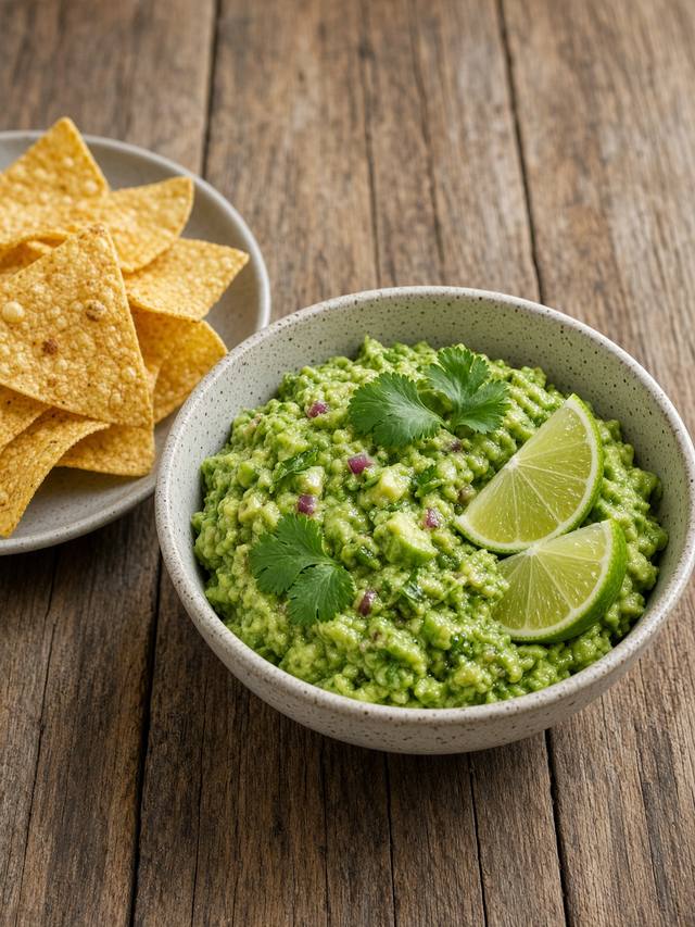 Bowl of chunky green guacamole with lime and cilantro