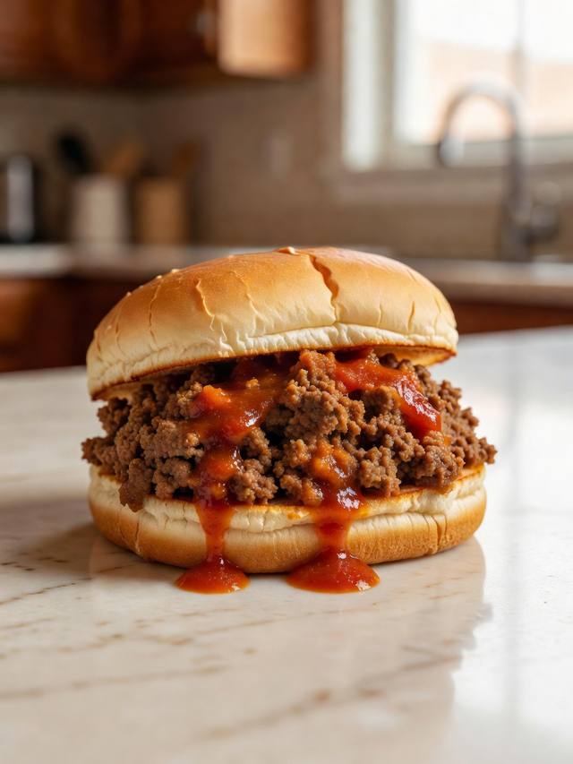 Sloppy joe meat piled on a soft bun with a little sauce dripping onto the plate