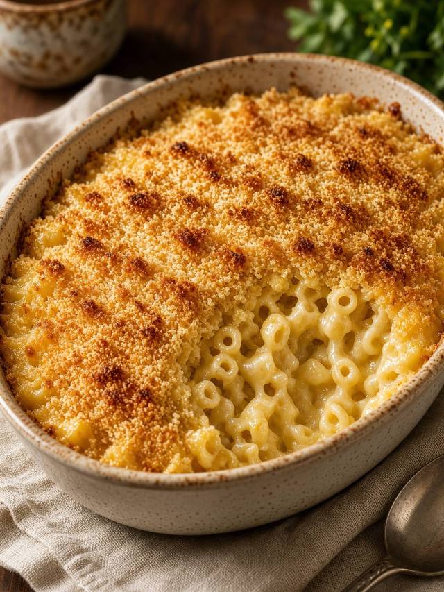 Baking dish of elbow macaroni in cheddar sauce with a breadcrumb top.