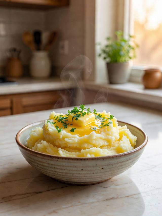 Bowl of fluffy mashed potatoes with a pat of butter and chopped parsley