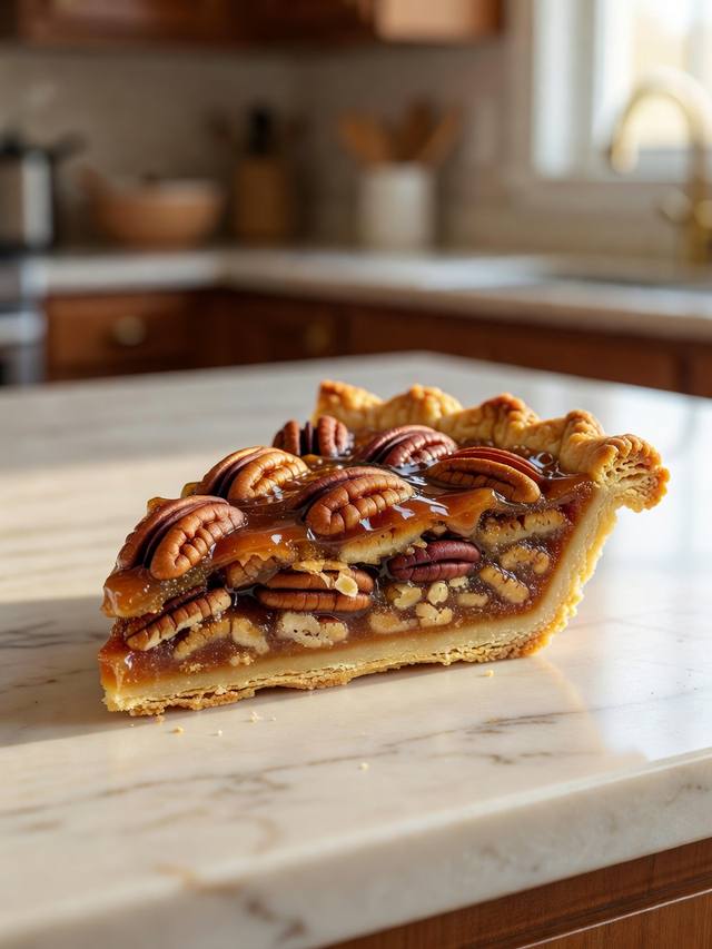 Slice of pecan pie with a flaky crust and a glossy top packed with pecan halves