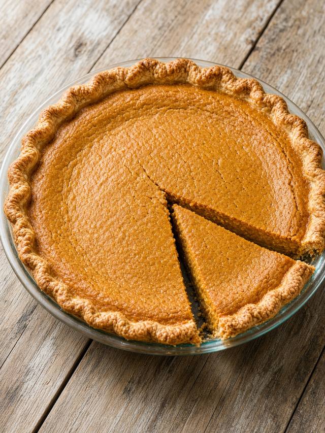 Sliced pumpkin pie with a flaky crust and a smooth spiced filling