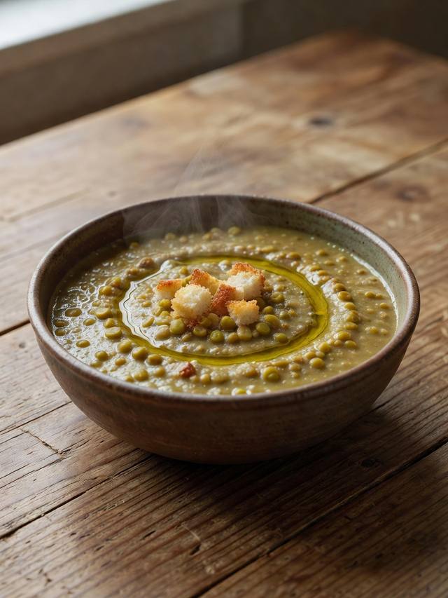 Thick green split pea soup in a bowl with carrot pieces on top