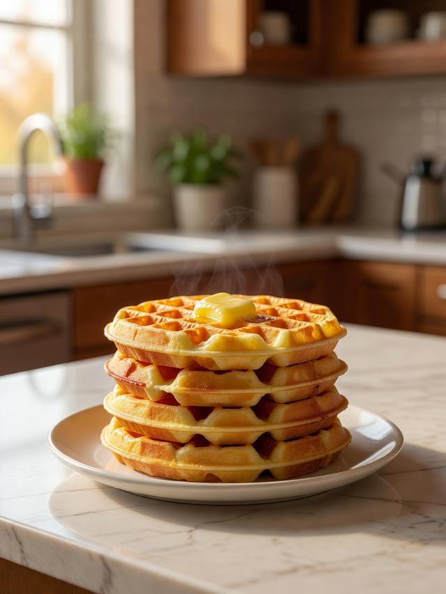 Stack of golden waffles on a plate with a pat of butter