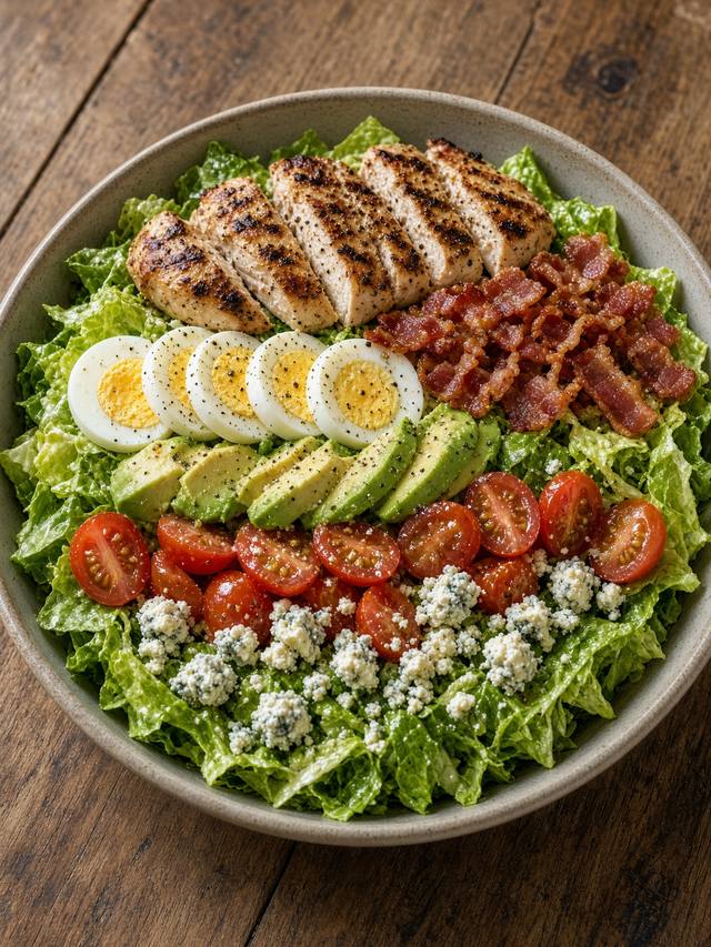 Cobb salad arranged in rows of chicken, bacon, egg, avocado, tomato, and blue cheese