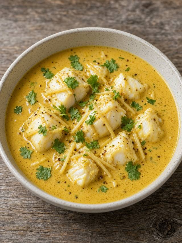 Chunks of white fish in golden coconut ginger curry sauce in a pot