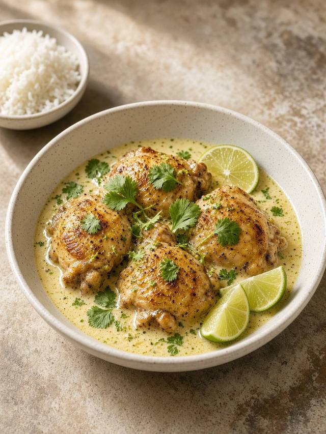 Chicken in a pale coconut-lime sauce with cilantro and lime wedges.