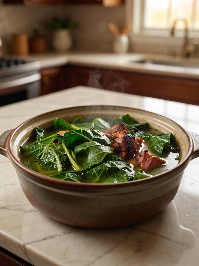 Pot of silky collard greens with pieces of smoked ham hock in the broth