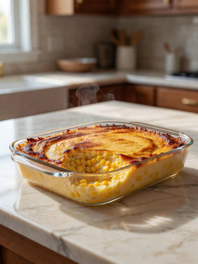 Baking dish of golden corn pudding with a spoonful taken out to show the soft center
