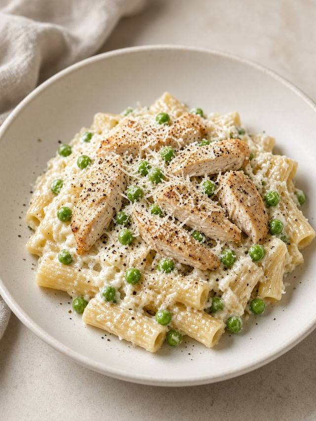 Pasta in a cottage cheese sauce with chicken and peas.