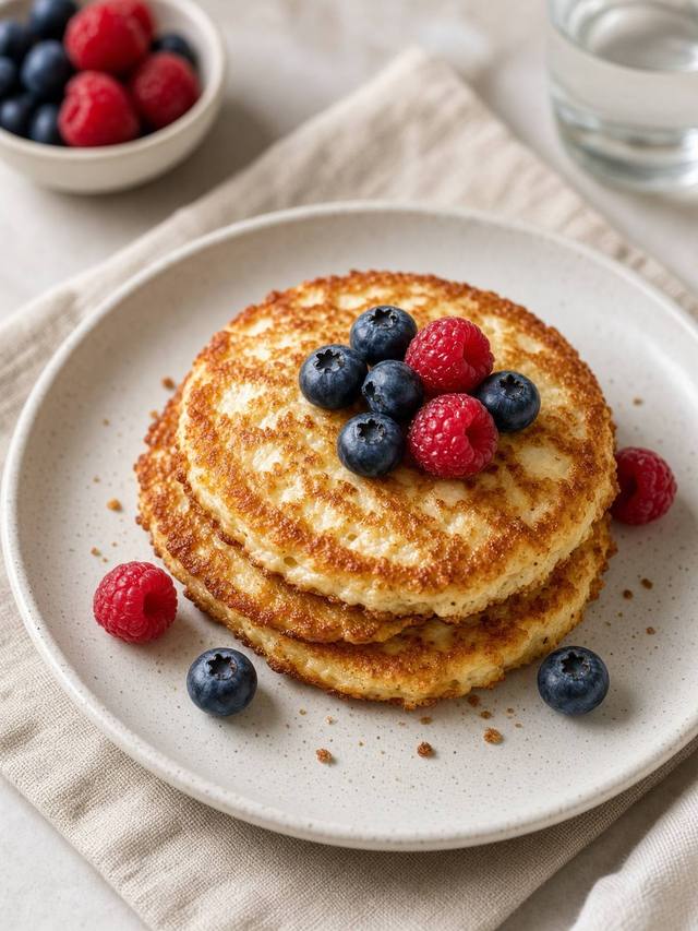 Golden cottage cheese pancakes on a plate.