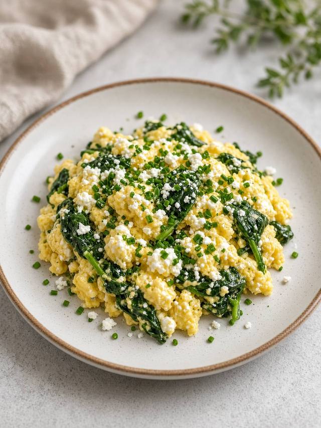 Soft yellow eggs folded with cottage cheese curds and wilted spinach.