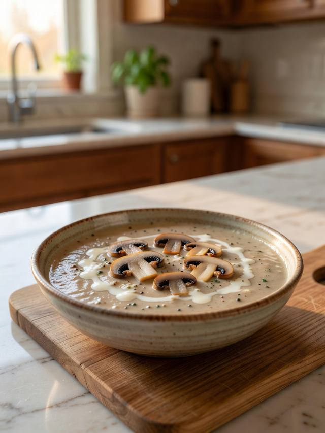 Bowl of cream of mushroom soup with sliced mushrooms and a swirl of cream