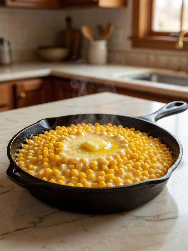 Skillet of glossy creamed corn with a pool of butter on top