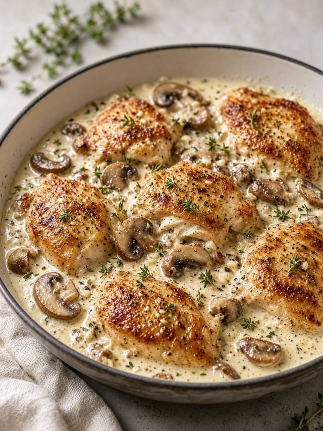 A dark skillet of sliced chicken and browned mushroom pieces in a pale tan cream sauce, with a few thyme leaves on top and the sauce thick enough to coat a spoon.