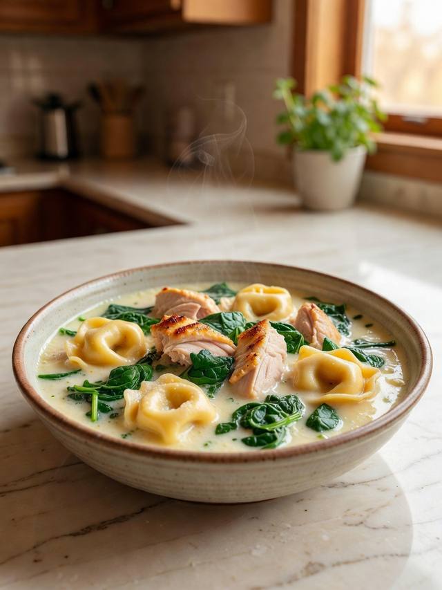 Bowl of creamy soup with cheese tortellini, chicken, and spinach