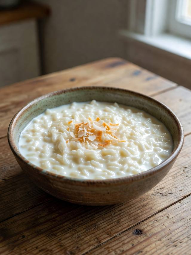 Bowl of creamy coconut rice pudding topped with cinnamon and toasted coconut