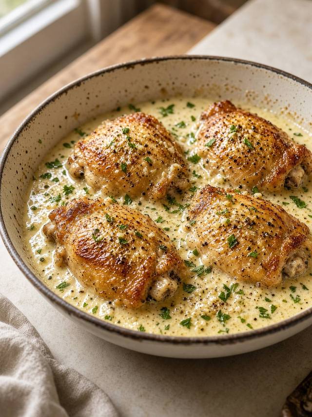 Golden chicken thighs in a glossy garlic parmesan cream sauce with parsley, in a skillet.