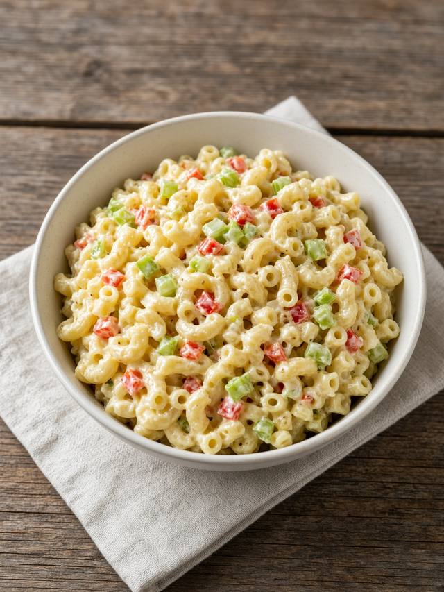 A bowl of creamy macaroni salad with celery and paprika