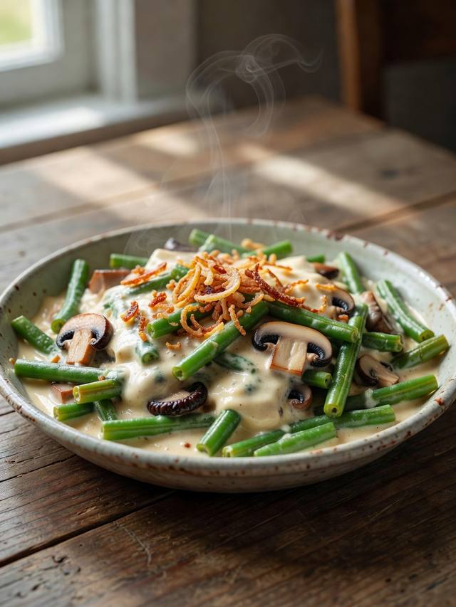 Green bean casserole with golden fried onion topping in a ceramic dish