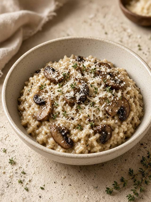 A bowl of creamy mushroom risotto with parmesan and thyme.
