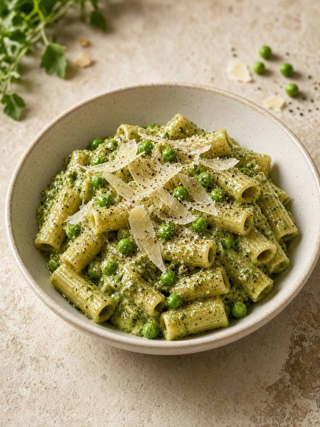 Cavatappi in a green pesto cream sauce with bright peas and grated parmesan, served in a wide bowl with a spoon.