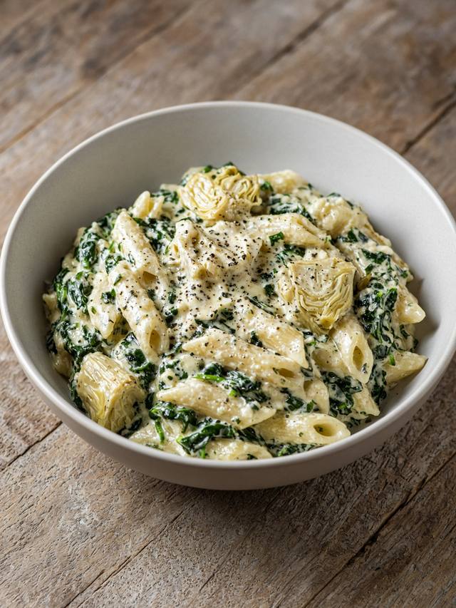 Bowl of creamy pasta with spinach and artichoke hearts