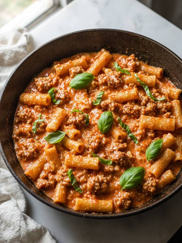 Short pasta with Italian sausage in a creamy tomato sauce.