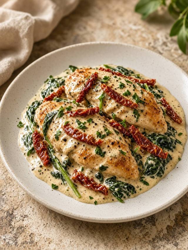 Chicken in a cream sauce with spinach and sun-dried tomatoes.