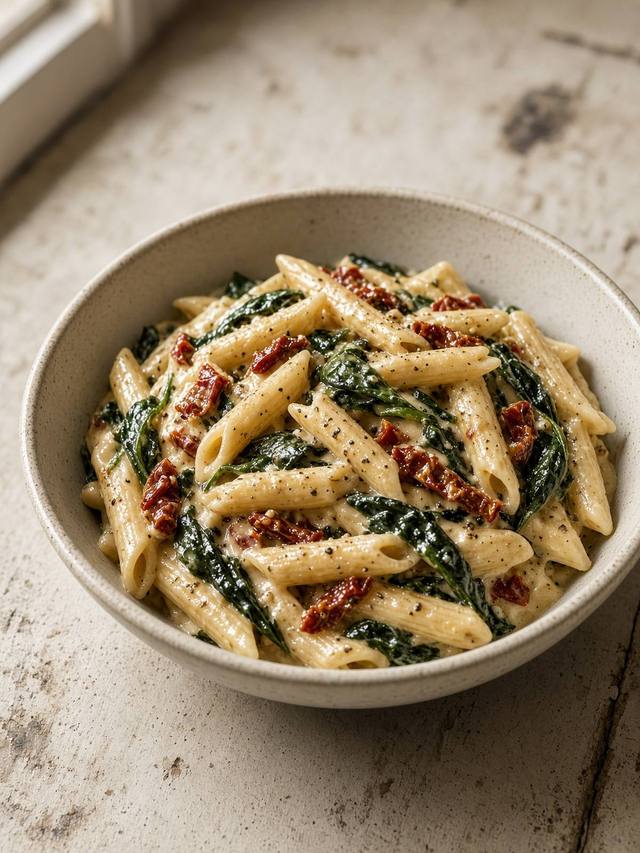 Penne in a pale cream sauce with wilted spinach leaves and chopped sun-dried tomatoes, topped with a snowfall of grated parmesan in a wide skillet.