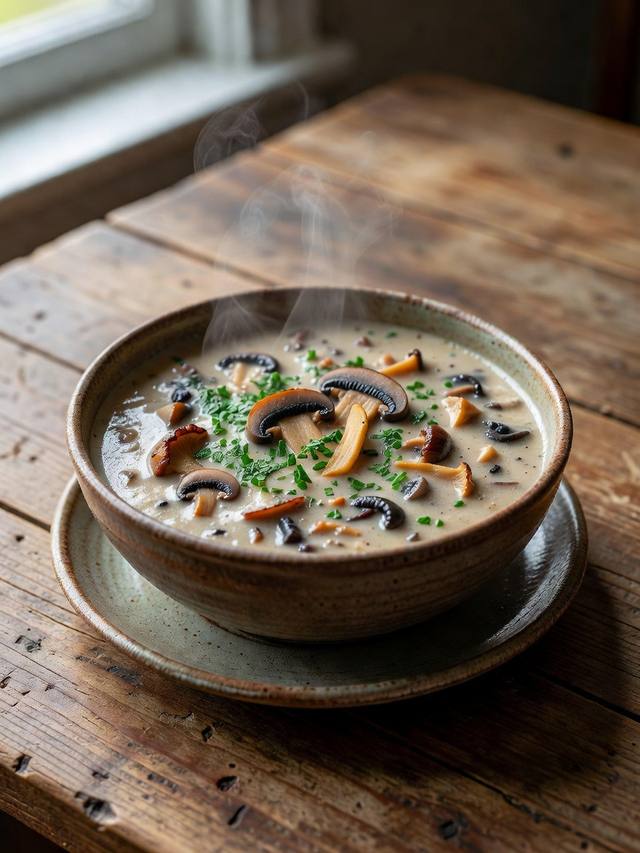 Creamy brown mushroom soup garnished with thyme and sliced mushrooms