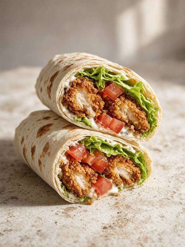 A flour wrap cut in half showing crispy chicken, lettuce, tomato, and white sauce.