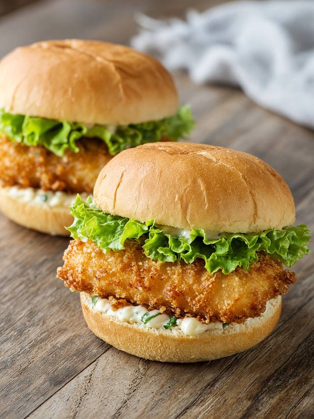 A crispy cod sandwich on a toasted bun with lettuce and tartar sauce