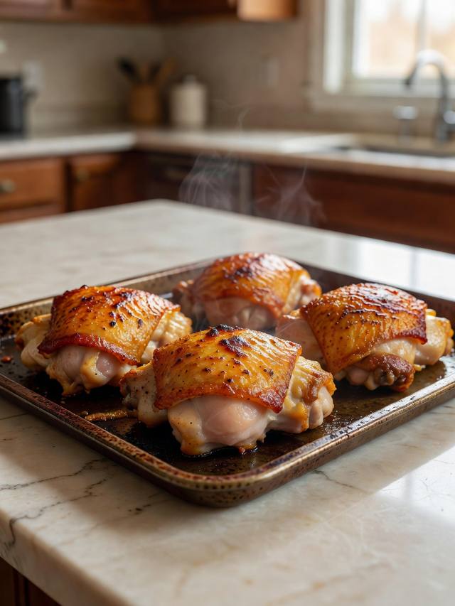 Golden roasted chicken thighs with crisp skin on a sheet pan