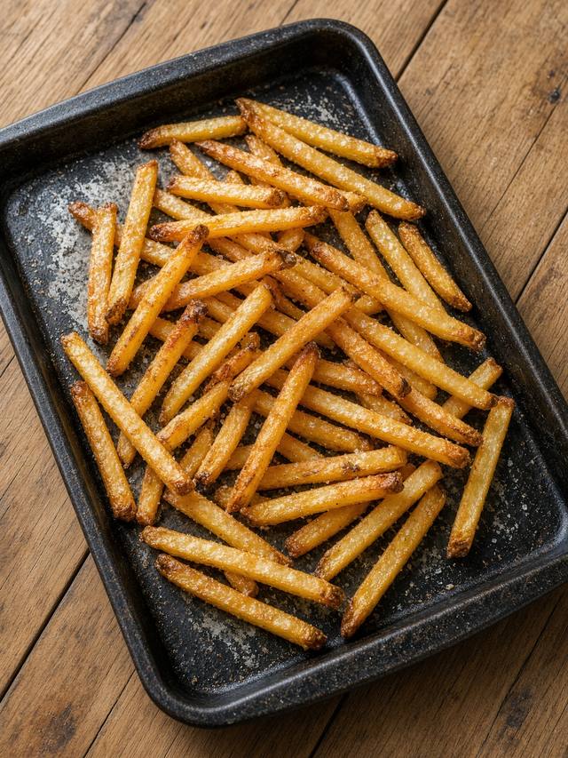 Crispy oven fries spread on a sheet pan with salt