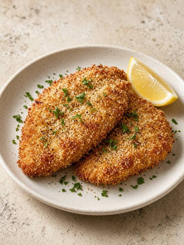 Golden parmesan-crusted chicken cutlets with a lemon wedge on a plate.