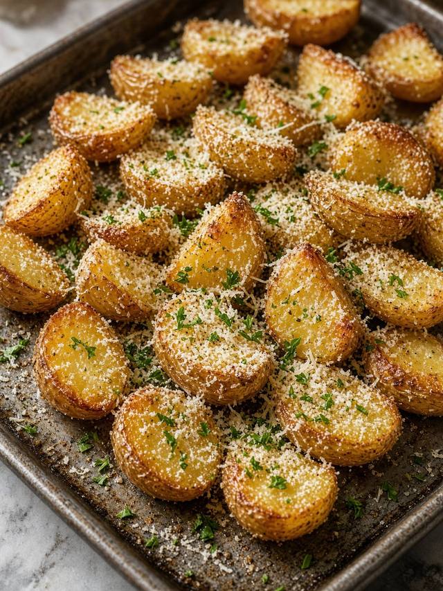 Roasted potato wedges with golden edges, parmesan, and parsley.