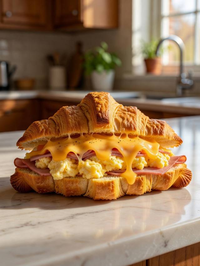 Croissant sandwich split open to show scrambled eggs, ham, and melted cheddar