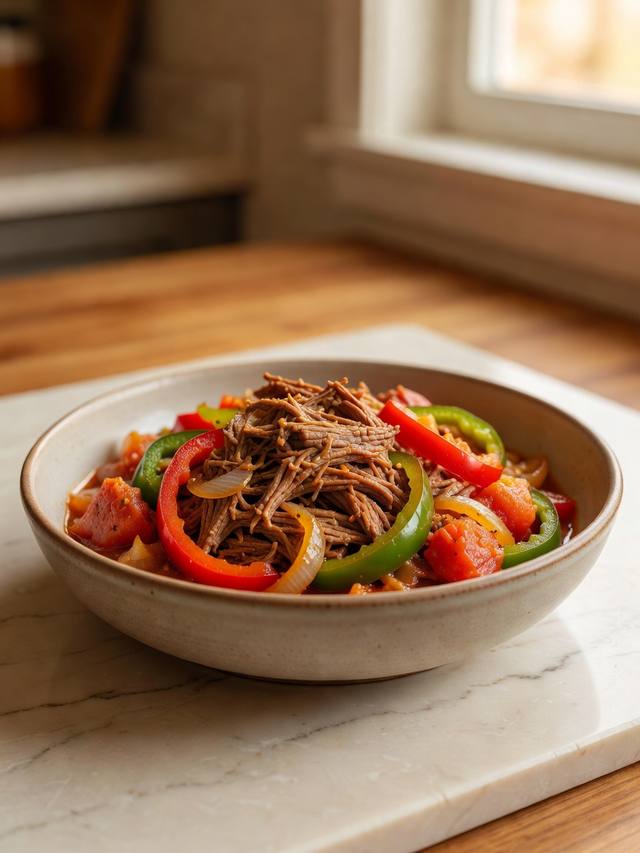Shredded flank steak stewed with red and green peppers, onion, and tomato