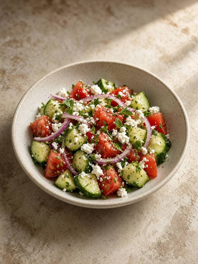 A bowl of cucumber, tomato, red onion, herbs, and feta.