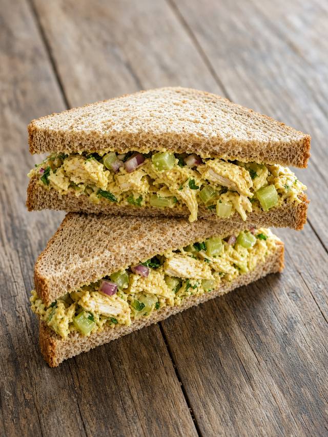 Curried chicken salad with celery and grapes on bread
